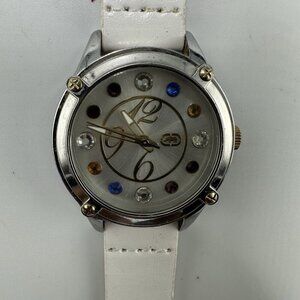 Marc Ecko Watch Women Silver Tone Rhinestone Hour Markers White Band 9.5 Inch